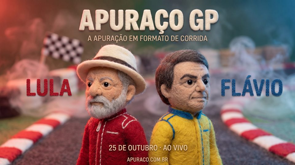 Capa do Apuraço GP: bonecos de feltro de Lula e Flávio em macacões de corrida
